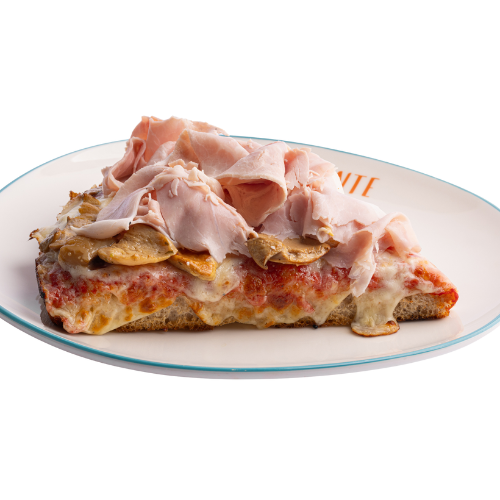 Pomodoro, mozzarella, prosciutto cotto, funghi porcini