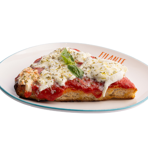 Pomodoro, mozzarella di bufala fuori cottura, olio Evo, origano, basilico