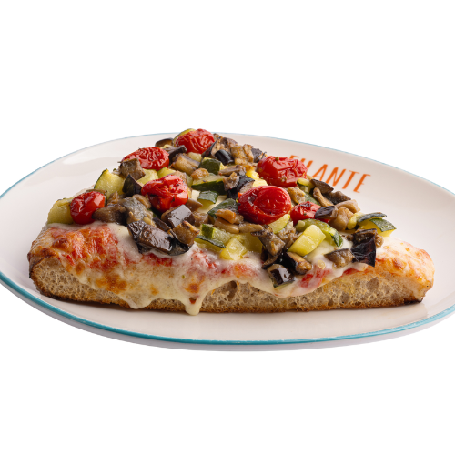 Pomodoro, mozzarella, zucchine, melanzane, pomodorini rossi confit