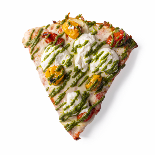 Pomodoro, mozzarella, pomodorini rossi confit, pomodorini gialli confit, stracciatella, pesto di basilico